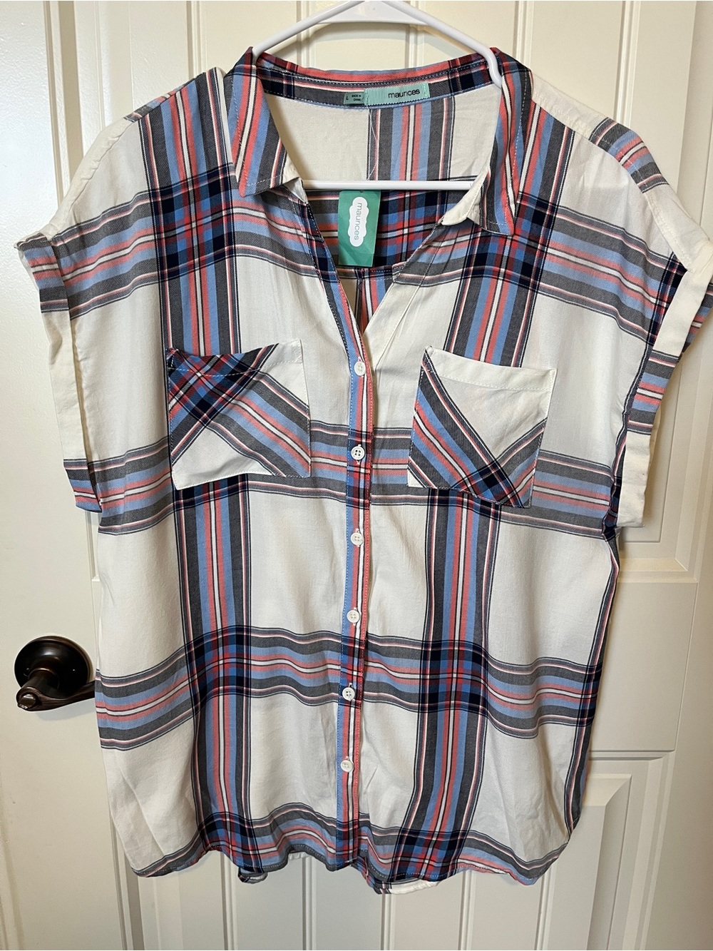 Maurices White Plaid Button-Front Shirt with Blue and Red Stripes